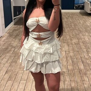 White Ruffled Strapless Dress with Star Accents